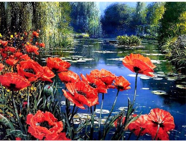 FIYO Diamant-Malerei Blumen-See Landschaft als Wandkunst in Rot, B/H: 30 x 20 cm - Bild 1