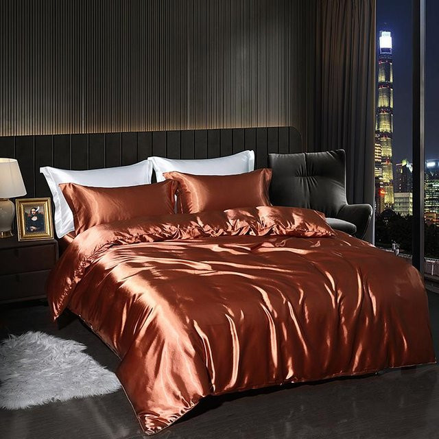 Bin Chi Textiles Luxuriöses Satin-Bettwäscheset 4-teilig in Lichtkaffee mit Bettbezug, Spannbettlaken, Bettlaken und Kissenbezügen, Breite: 120 cm - Bild 1
