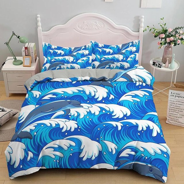 Bettwäsche-Set mit 3D-Delfin-Motiv in Blau von Your Warm Home, bestehend aus Bettbezug und Kissenbezügen aus Polyester, B/H: 173 x 218 cm, Kissenbezüge: 50 x 70 cm - Bild 1