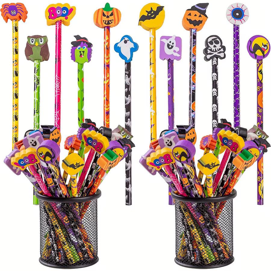 JXB Halloween Bleistift-Set mit Motiv-Radiergummis in Geister Kürbis Spinnen Fledermaus Zauberer Katze, 8 Stück, Mehrfarbig - Bild 3