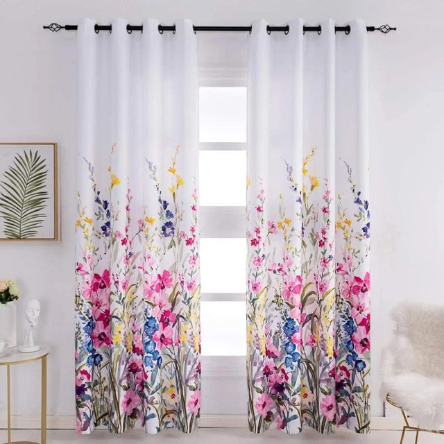 Yiran Furniture Blumen-Aquarell-Vorhänge mit Sichtschutz, 2er-Set, Mehrfarbig, Polyester, B: 70 cm, H: 185 cm - Bild 1