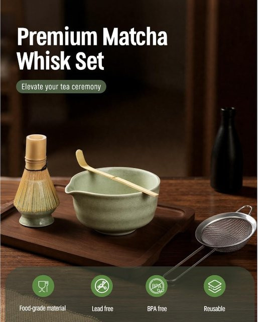 ThymeSpace Matcha-Schneebesen-Set aus Bambus und Metall in Braun mit Chasen, Schaufel und Stahlsieb für die traditionelle japanische Teezeremonie - Bild 1