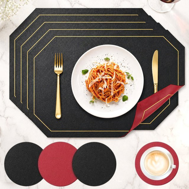 Leeseph Tischsets und Untersetzer-Set aus Leder, beidseitig zweifarbige Platzsets, hitzebeständig und rutschfest, B/T: 43 x 30 cm - Bild 1