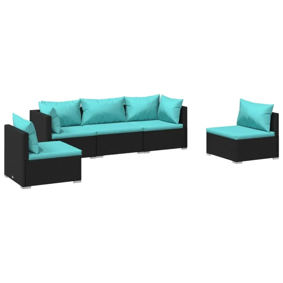 vidaXL 5-tlg. Garten-Lounge-Set in L-Form mit Kissen aus Poly Rattan und blauem Polster in Schwarz - Bild 2
