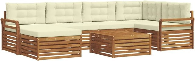vidaXL Outdoor-Sofagarnitur 7-teilig in L-Form aus Akazienholz mit Kissen in Natur und Creme - Bild 1