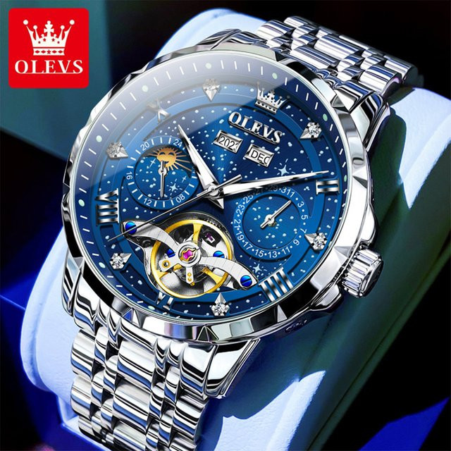 OLEVS Armbanduhr Automatik, Edelstahl, Herren, Blau, Silber - Bild 1