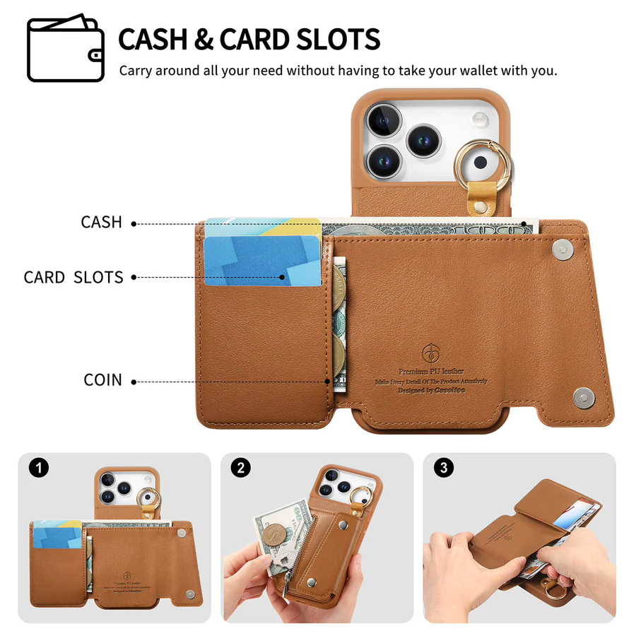 Solt Leder Brieftasche und Handyhülle mit Reißverschluss und Ringhalter für Apple iPhone, erhältlich in Beige und Braun - Bild 2