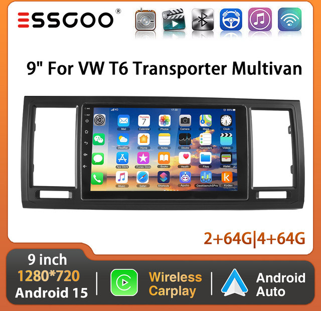 ESSGOO Android 15 Autoradio mit 9 Zoll Display, 4G+64G, kabelloses Carplay, GPS, Bluetooth und Navi für VW Transporter T6 2016-2019, Schwarz - Bild 1
