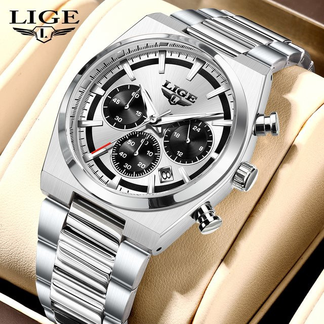 LIGE Chronograph Armbanduhr, Quarz, Edelstahl, Gold, Herren - Bild 1
