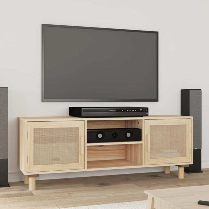 VIDAXL TV-Schrank aus Massivholz Kiefer in Braun und Natur mit Rattan-Elementen, B/T/H: 105 x 30 x 40 cm - Bild 1