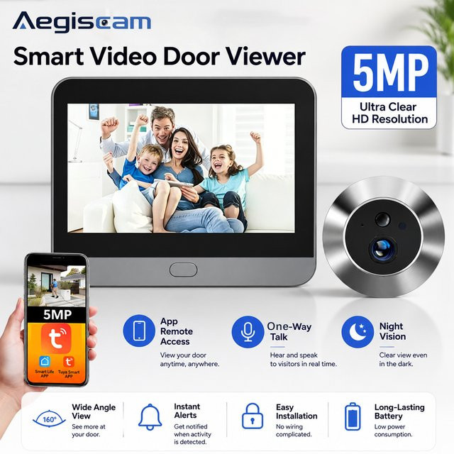 Tuya Smart Mini Digitale Türspion Kamera mit 5MP Weitwinkel, WiFi, IR und PIR Erkennung, Silber - Bild 1
