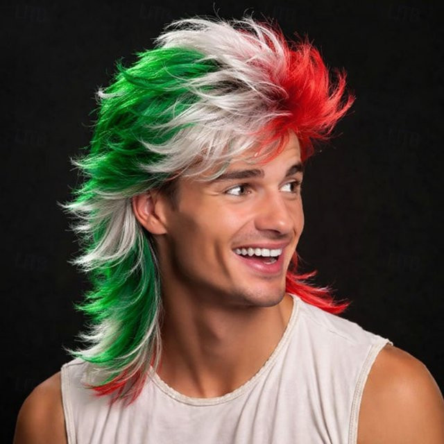 HAIRJOY Kunsthaar-Perücke, grün-weiß-rot, Unisex - Bild 1