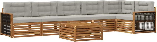 vidaXL Outdoor-Sofagarnitur L-Form aus Akazienholz mit 7 Kissen in Natur und Grau - Bild 1