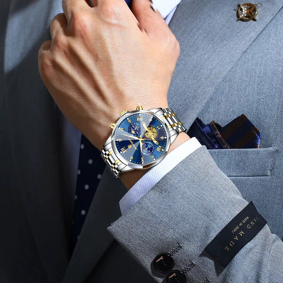 POEDAGAR Armbanduhr Chronograph, Quarz, Edelstahl, Blau, Herren - Bild 6