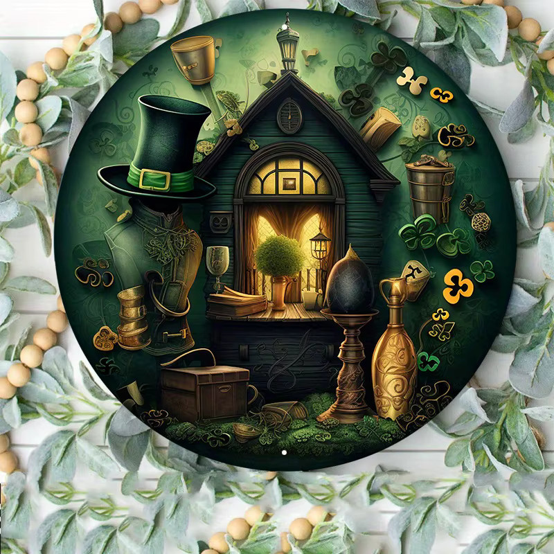 Potdemiel Aluminium-Metallschild St. Patrick's Day Dekoration mit Kobold, Kleeblatt und Goldmünzen, B/H: 20,3 x 20,3 cm, Grün und Gold - Bild 3