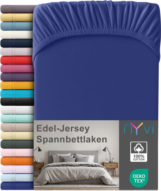NYVI Edel Jersey Spannbettlaken Deluxe aus 100% supergekämmter Baumwolle, Farbe: Royalblau, B/T: 140 x 160 cm, H: 200 cm, Steghöhe bis 25 cm - Bild 1