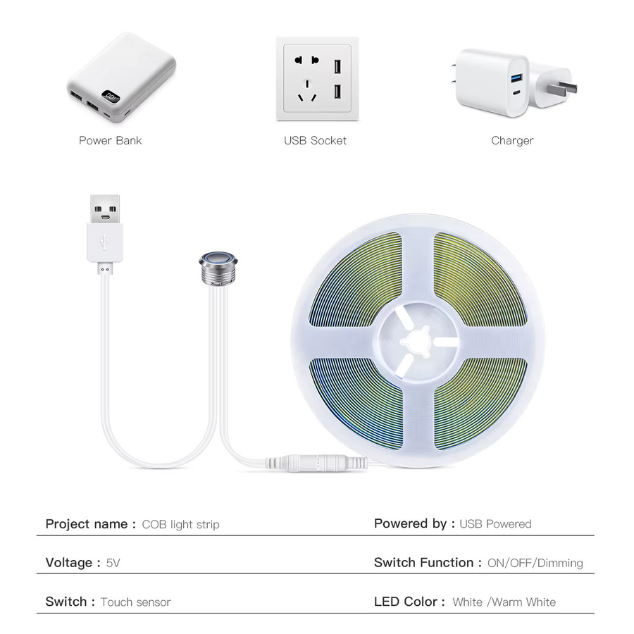 MALITAI Dimmbare USB 5V LED Unterschrankleuchte COB-Streifen mit Touch-Schalter in Warmweiß - Bild 2