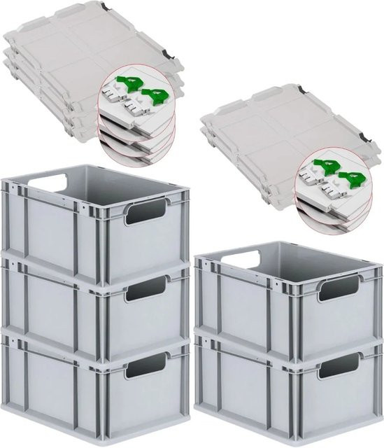 PROREGAL Spar Set 5x Eurobox Nextgen Economy mit Scharnierdeckel und grünen Schiebeschnappverschlüssen, H x B x T: 22 x 30 x 40 cm - Bild 1