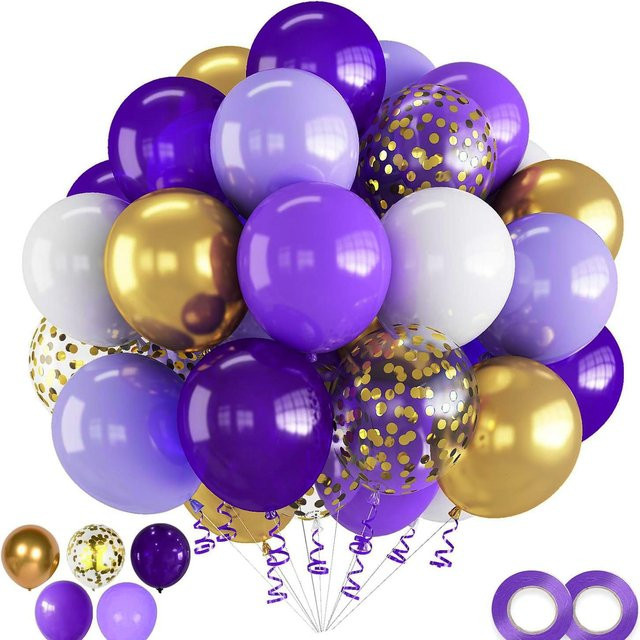 30-teiliges Pailletten-Konfetti-Ballon-Set von Global Finds in Lila und Gold mit Schleifen für Geburtstagsdekorationen - Bild 1