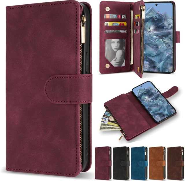 Magnetische Leder-Schutzhülle mit Brieftaschenfunktion, Kartenfach, Fotorahmen und Ständer für Google Pixel 8a 8 Pro 7a 7 6a 6 in Braun oder Lila - Bild 1
