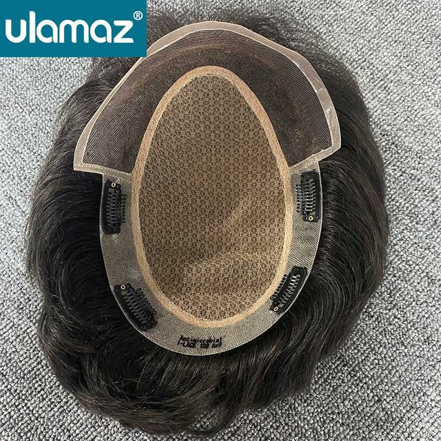 Ulamaz Herrenperücke Echthaar, Lace Front, Schwarz - Bild 1