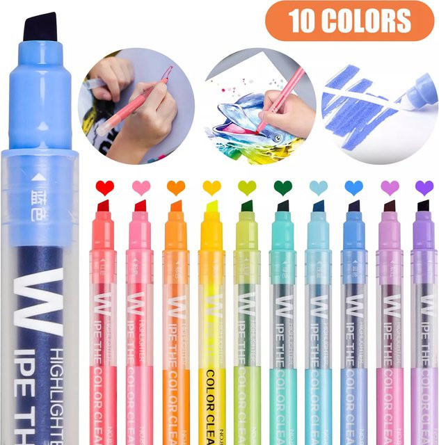 Löschbare Textmarker Set mit zwei Spitzen und Keilspitze in 10 Farben für Journaling und glattes Schreiben - Bild 1