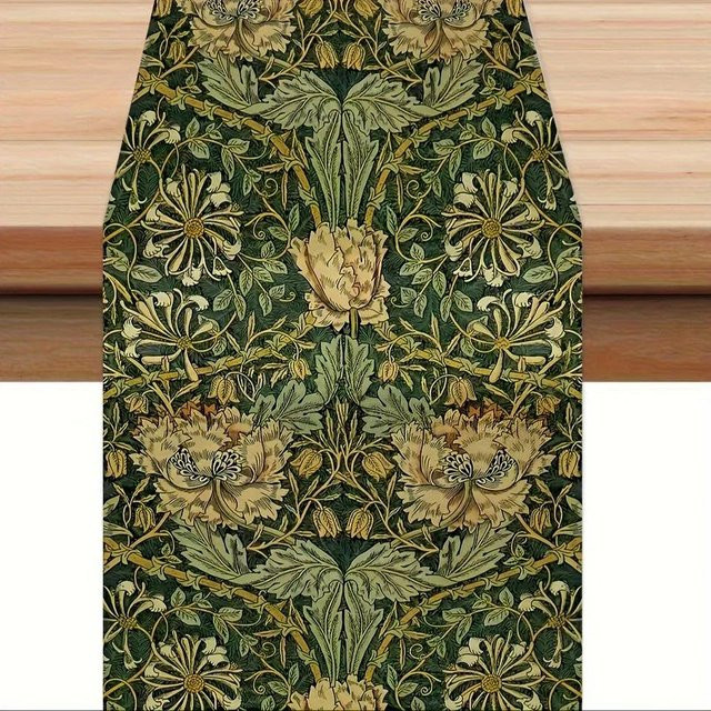 JINGYUE Pet Tischläufer William Morris Vintage Floral aus Leinen in Schwarz und Grün, Breite: 150 cm, Tiefe: 33 cm - Bild 1