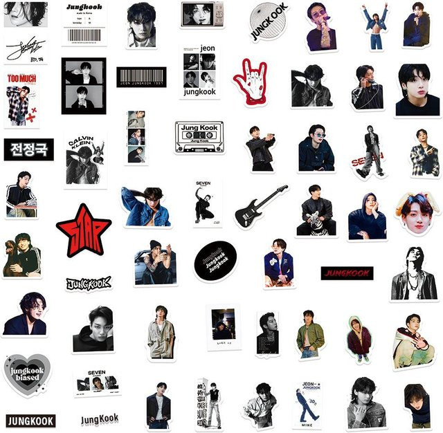 BTS Jungkook Sticker Set mit 50 Kpop Bangtan Boys Fotoaufklebern in Schwarz und Multicolour für Laptop, Wasserflasche und Handyhülle - Bild 1