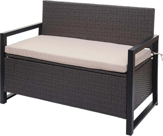 PROREGAL Poly-Rattan 2er Gartenbank als Truhenbank mit Staufach und Sitzkissen, Grau-Beige, H 87 cm x B 117 cm x T 57 cm - Bild 1