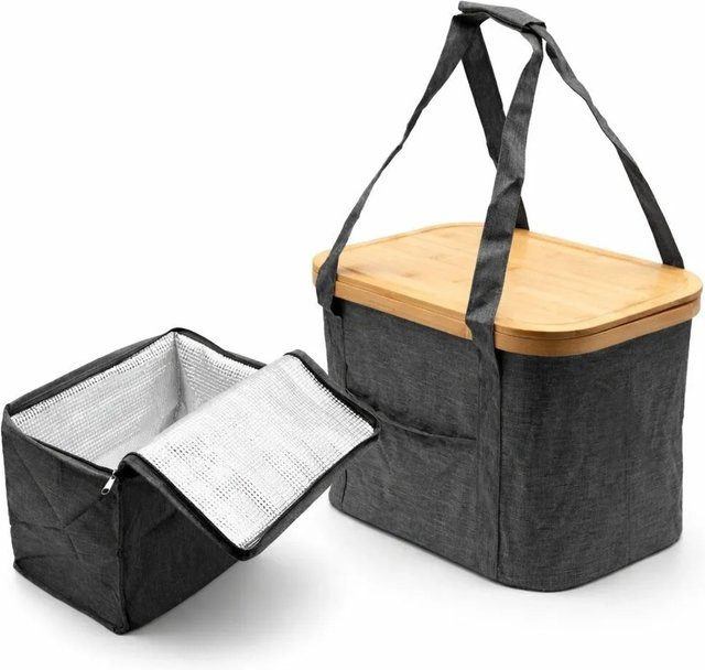 BigDean Picknicktasche Grau mit herausnehmbarer Kühltasche und Bambusdeckel, 24L, faltbarer Picknickkorb mit isolierter Innentasche - Bild 1