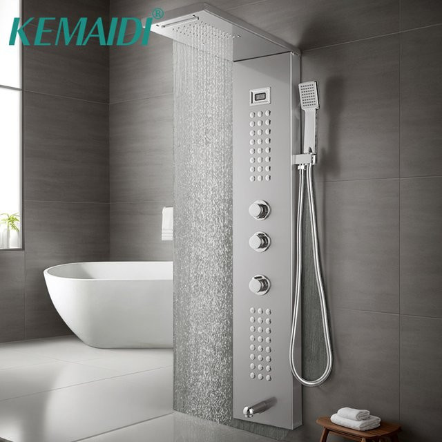 KEMAIDI Duschpaneel-Turmsystem mit Digitalanzeige und 4-Funktionen in Brushed Nickel, Regenmassagesystem mit Körperdüsen und Wasserhahnmischer, Farbe: Silber, B/T/H: 49,0 x 22,0 x 114,5 cm - Bild 1