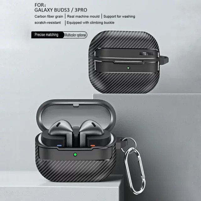 Stoßfeste Silikon-Kopfhörerhülle mit Karbonfaser-Textur für Samsung Galaxy Buds 3 und Buds3 Pro in Schwarz - Bild 1