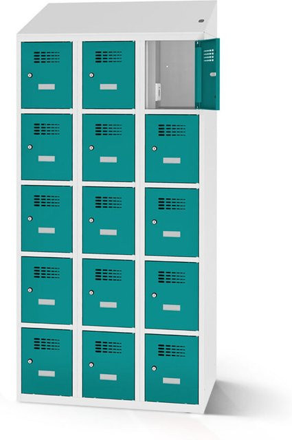 rotstahl Fächerschrank mit Ladefunktion und 15 Fächern in Türkis, B: 120 cm, H: 200 cm - Bild 1