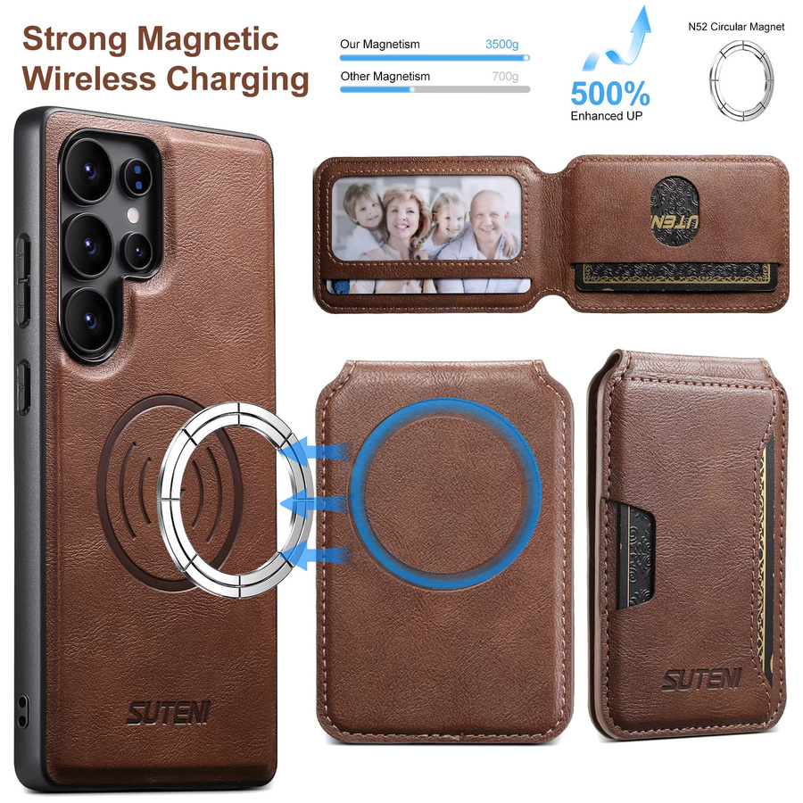 SUTENI Magnetische Luxus Faux Leder Handyhülle mit kabellosem Laden und Kartenhalter für Samsung Galaxy S26 Ultra, S25, S24, S23, S22 in Schwarz oder Braun - Bild 2