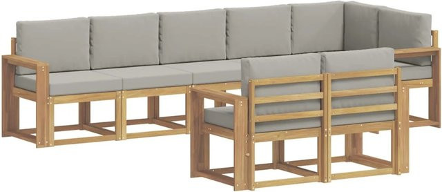 vidaXL Outdoor-Sofagarnitur in L-Form aus Akazienholz mit Kissen, 8-teilig, Weiß-Hellgrau - Bild 1