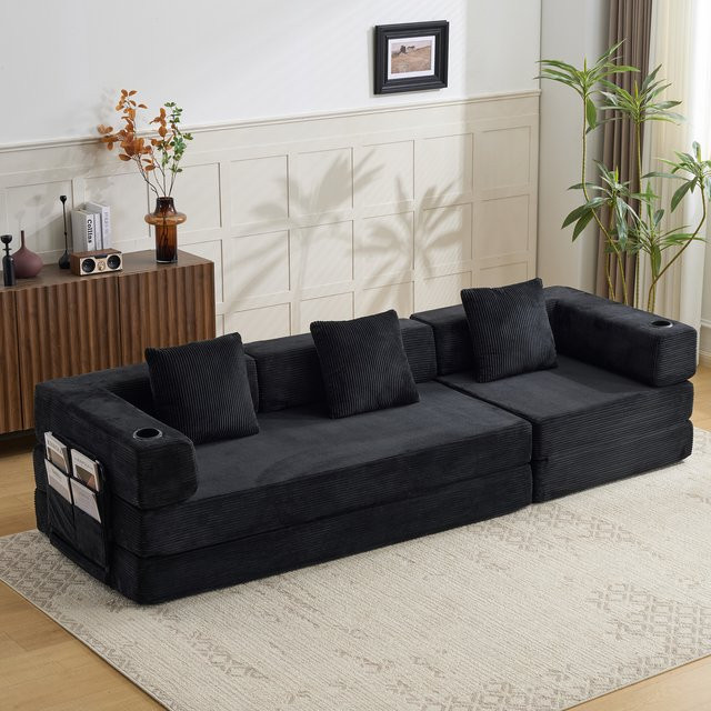 Vankel Modulares Cord-Bodensofa in Schwarz mit Getränkehalter und Aufbewahrungstasche, Wandelbare Eckcouch für das Wohnzimmer - Bild 1