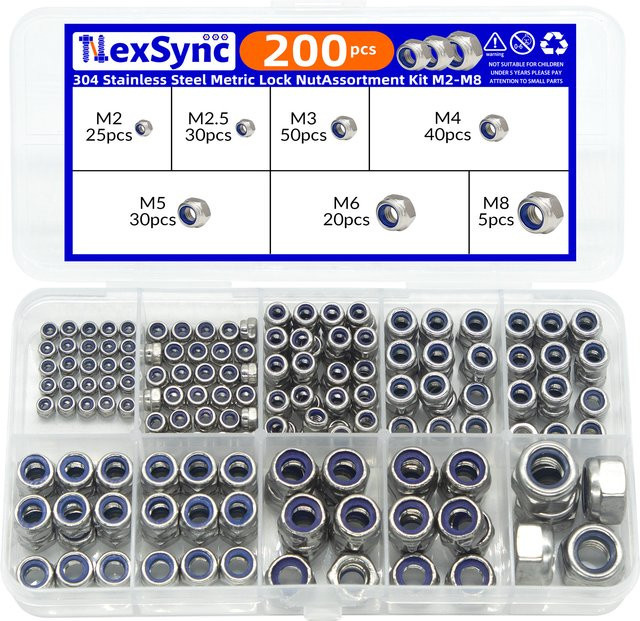 NexSync 200 Stück DIN985 Sechskant-Nylock Sicherungsmuttern aus Edelstahl A2-70 Sortiment Set mit Nylon-Einsatz in Silber und Schwarz - Bild 1