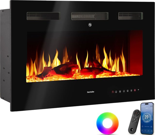 tectake Elektro-Wandkamin Luci in Schwarz mit 3D-Flammeneffekt, 2 Leistungsstufen (900 W und 1800 W), App-Steuerung und Fernbedienung, B/H/T: 91,5 x 12 x 43 cm - Bild 1