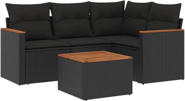 vidaXL 5-tlg Garten-Sofagarnitur aus Poly-Rattan und Akazienholz in Schwarz mit Kissen Modell 144 - Bild 1