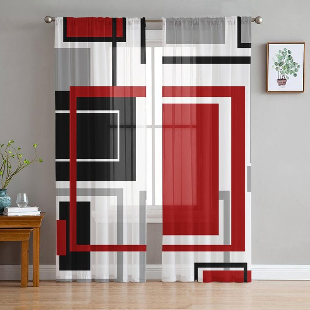 Moderne Tüll-Voile-Vorhänge mit abstraktem geometrischem Quadrat-Design in Rot und Schwarz, transparent, Breite: 135 cm, Höhe: 115 cm - Bild 1
