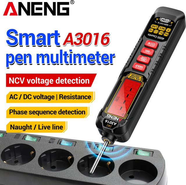 ANENG A3016 Digital-Multimeter-Stift in Schwarz mit 4000 Messungen, 600V AC/DC Spannung, NCV Stromführender Leitungstester, Phasenfolge-Detektor und Taschenlampe - Bild 1