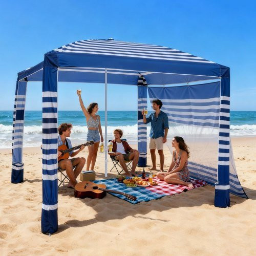 VEVOR Beach Cabana Strandzelt mit Seitenwand, UPF 50+ Sonnenschutz, Navy Stripes, B/B/H: 240 x 240 cm - Bild 1