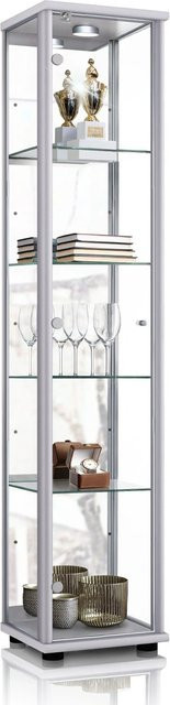 K-Möbel Sammlervitrine stehend in Silber mit LED-Beleuchtung, Spiegel, Schloss und Glasböden, H x B x T: 176 x 37 x 33 cm - Bild 1