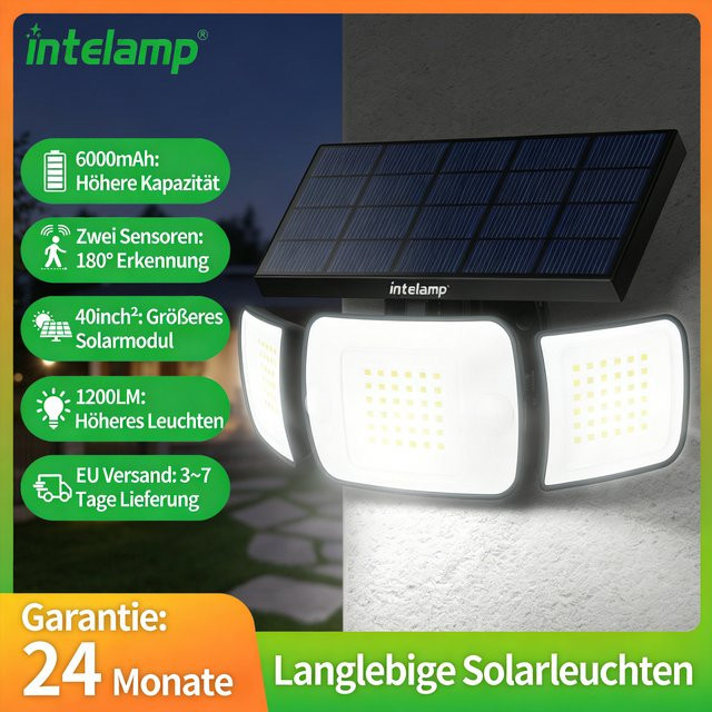 Intelamp Solar-Strahler mit 6000mAh Akku, IP65 wasserdicht, 6500K LED Flutlicht mit Doppel-Bewegungssensor und 3 Modi für Garten und Außenbereich - Bild 1