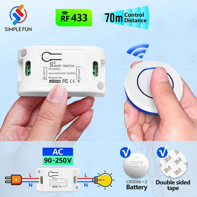 SLMPLEFUN Drahtloser RF433MHz Fernbedienungsschalter mit Relaisempfänger und rundem Tastensender für Licht und Ventilator, AC 220V, 10A - Bild 1