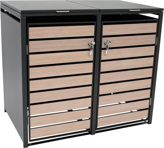 Mülltonnenbox BERLIN von DEGAMO aus verzinktem Stahl in Anthrazit mit Türen in Holzoptik, B/T/H: 132 x 80 x 116 cm, geeignet für 2 Tonnen à 120 und 240 Liter - Bild 1