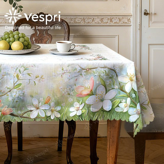 Vespri Blumen-Tischdecke mit floralem Muster in Weiß und Grün aus Polyester für Ostern und Frühling - Bild 1