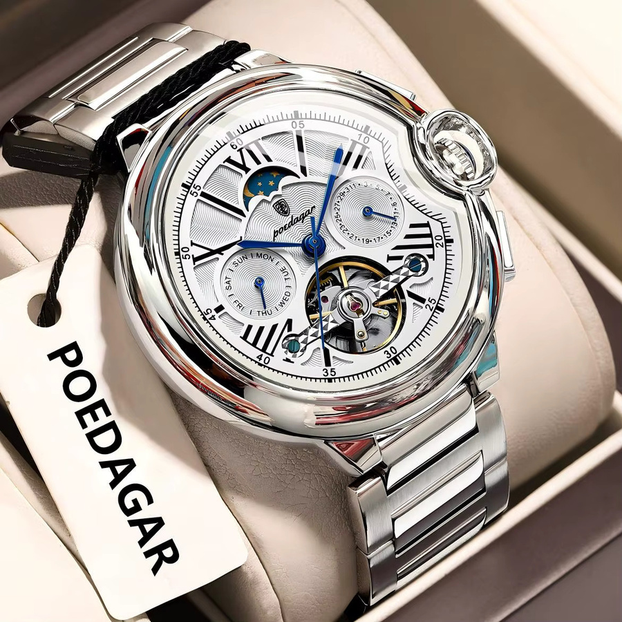 POEDAGAR Armbanduhr Automatik, Edelstahl, Silber, Herren - Bild 2