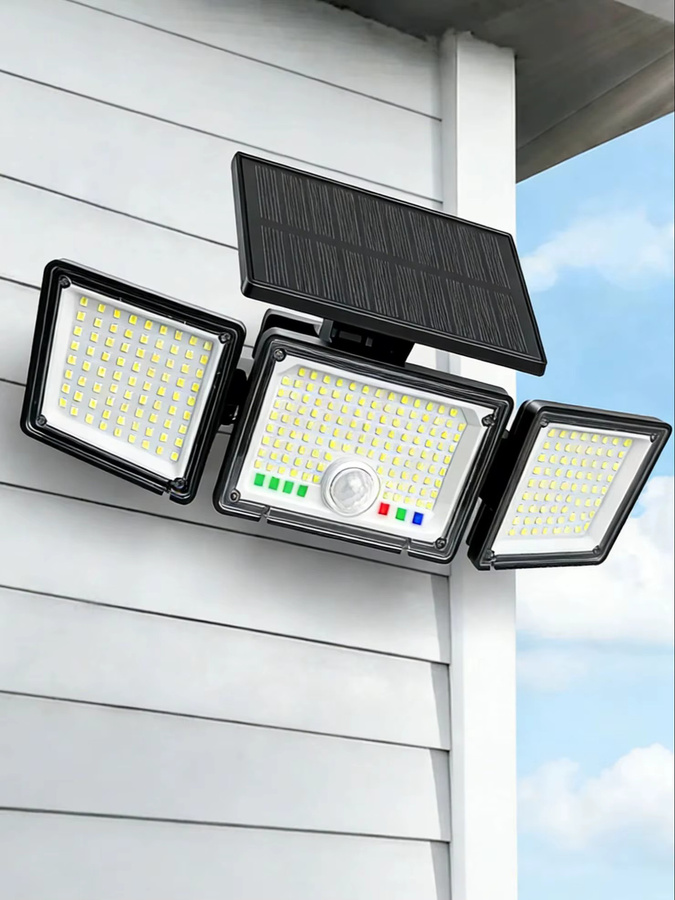286 LED Solar-Bewegungssensor-Sicherheitsleuchte mit 3 Köpfen, Wasserdichter Solar-Flutlicht in Schwarz für Garten und Garage, Cool White - Bild 7
