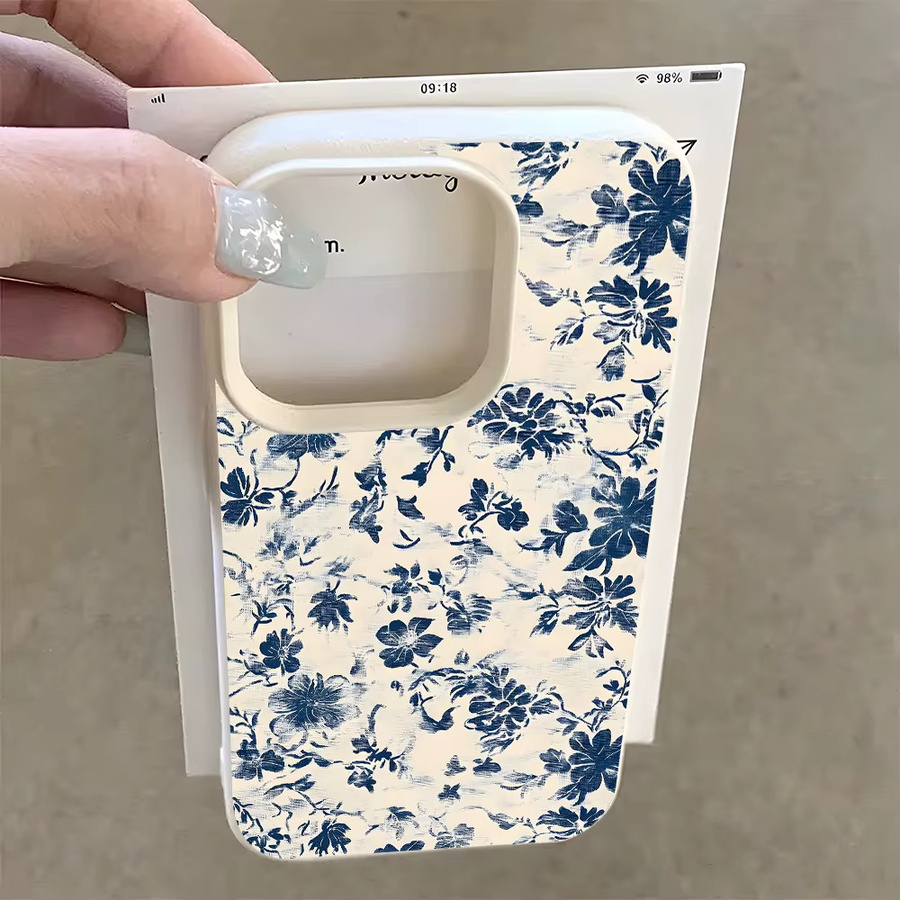 Lychee Silikonhülle mit blauem Blumenmuster für Apple iPhone Modelle, Soft-Handyhülle - Bild 3